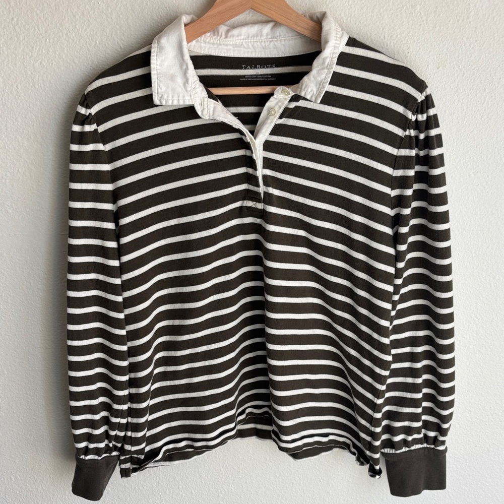 TALBOTS Rugby Striped Puff Sleeve 100% Cotton Neutral Olive Shirt Size XL